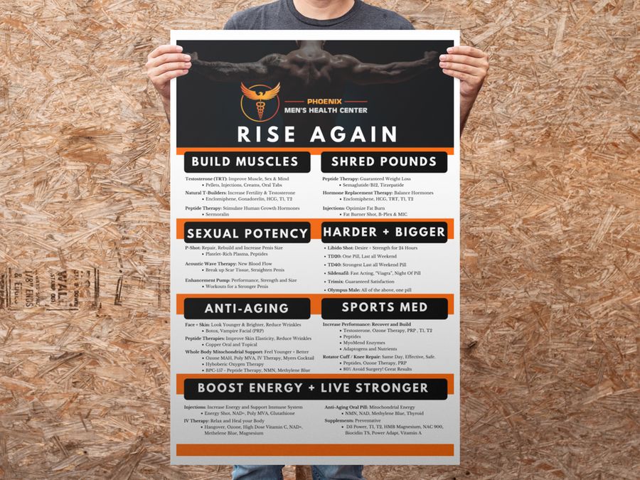 Phoenix Men's Health Center Rise Again poster held up for scale
